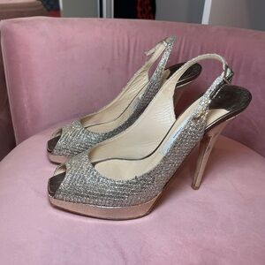 Jimmy Choo Glittering Silver Peep-Toe Heels